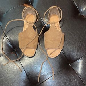 Suede, ankle tie sandals.